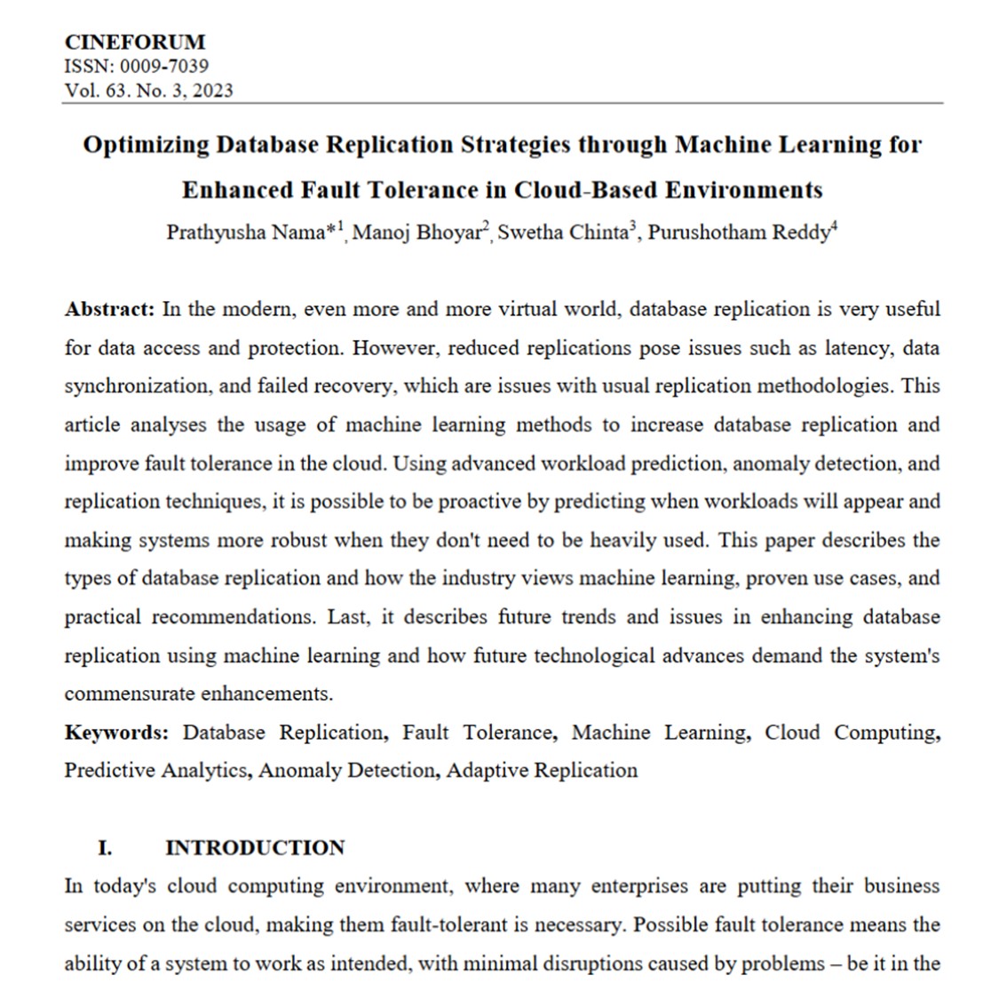 Article: Optimizing Database Replication Strategies through Machine Learning for Enhanced Fault Tolerance in Cloud-Based Environments